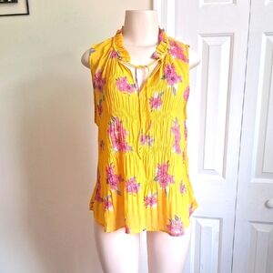 Boho Floral Yellow Sleeveless Top Ruffled Neckline With Ties, Size M